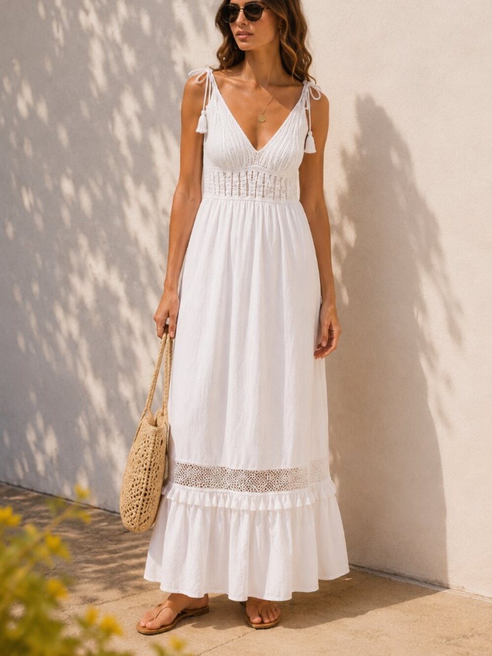 Stellae Dux NWT White Linen Blend Boho Crochet Tassel Maxi Dress M Resort $398